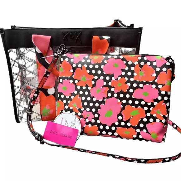 🆕 BETSEY JOHNSON Large Clear Tote Bag & Crossbody Set Black Floral Polka Dot - Picture 16 of 16